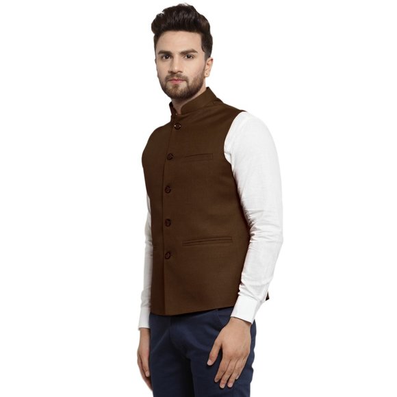 Sleeveless Traditional Jute Fabric Chocolate Brown Nehru Jacket by Treemoda - Picture 2 of 5